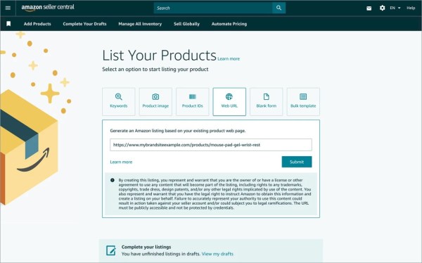 Amazon enables sellers to create product listings via a URL leveraging AI capabilities.